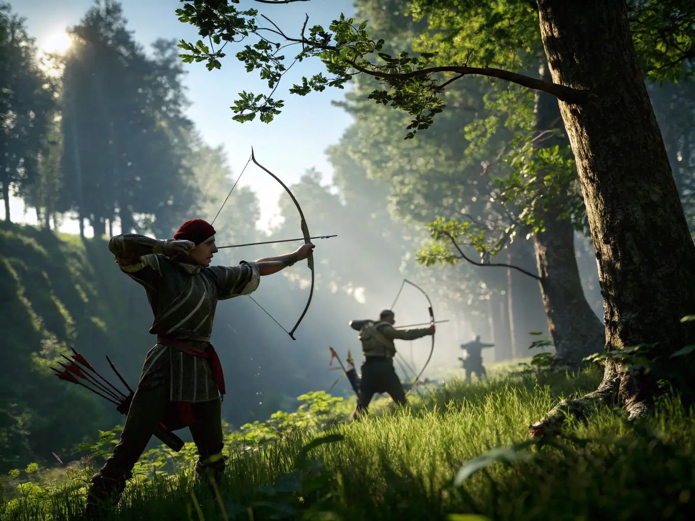 A dynamic shot of archers competing in a local archery tournament, showcasing the precision and focus required for competitive archery.