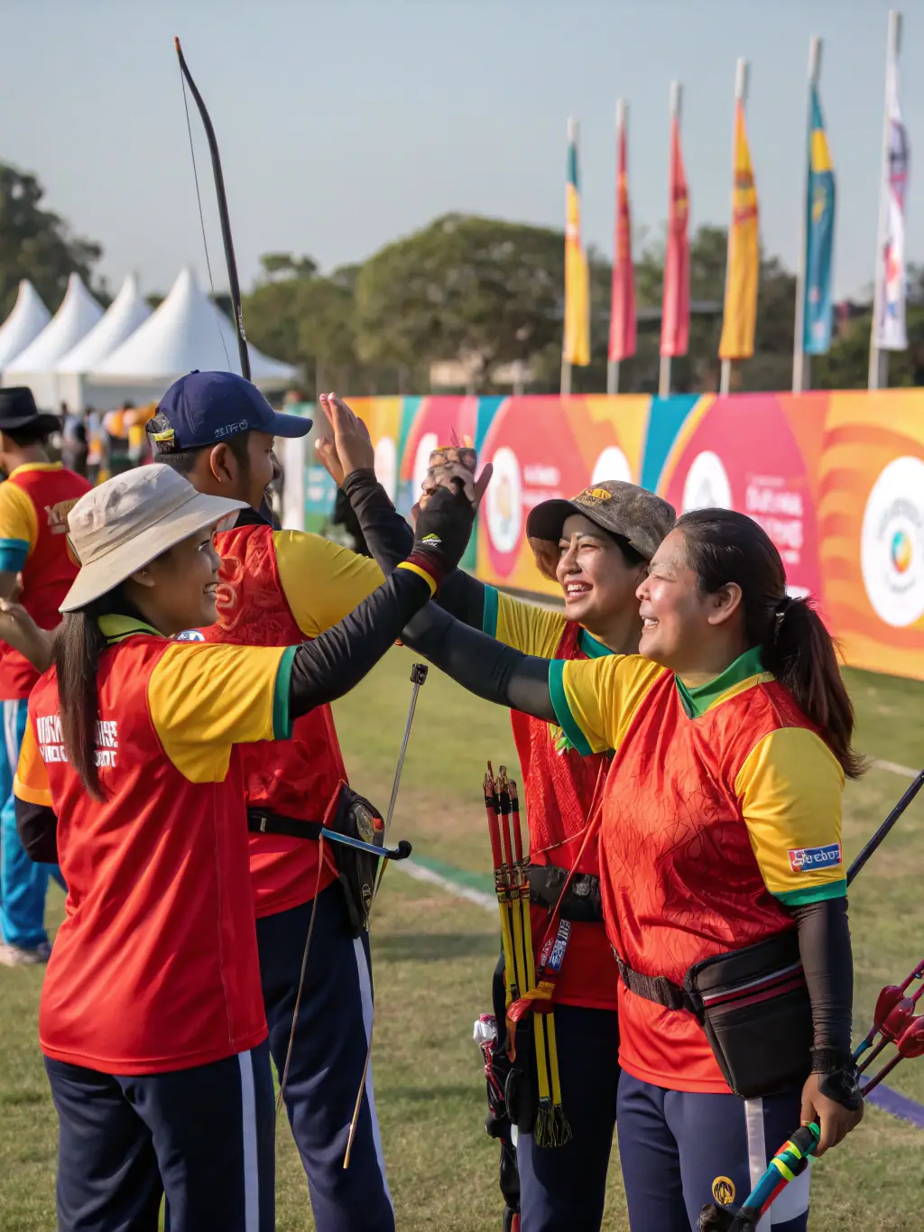 A group photo of TAC-TIR members participating in a friendly archery competition, highlighting the camaraderie and sportsmanship within the club.