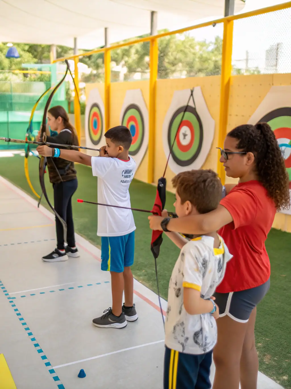 A photograph of archers participating in a beginner's training session at TAC-TIR, focusing on proper stance and technique, with an instructor providing guidance.