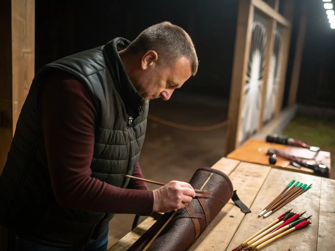 A group of archers participating in a fun archery workshop, learning about advanced techniques and equipment maintenance.