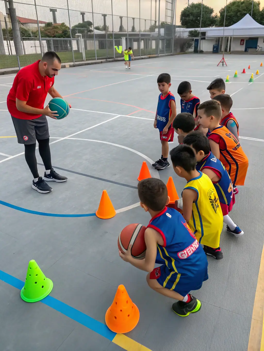 A group of children participating in a basketball training session indoors, focusing on dribbling skills under the guidance of a coach. The image should convey energy and skill development.