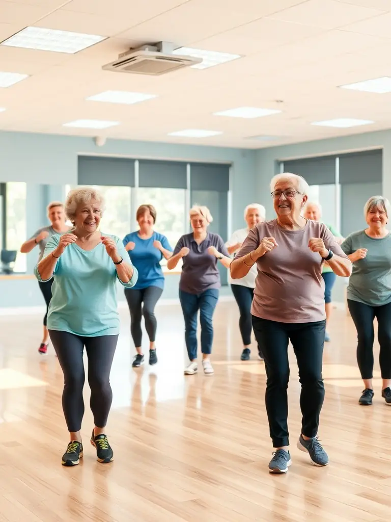 Seniors engaging in gentle exercises during a physical activity session, focusing on mobility and balance. The image should convey comfort and inclusivity.