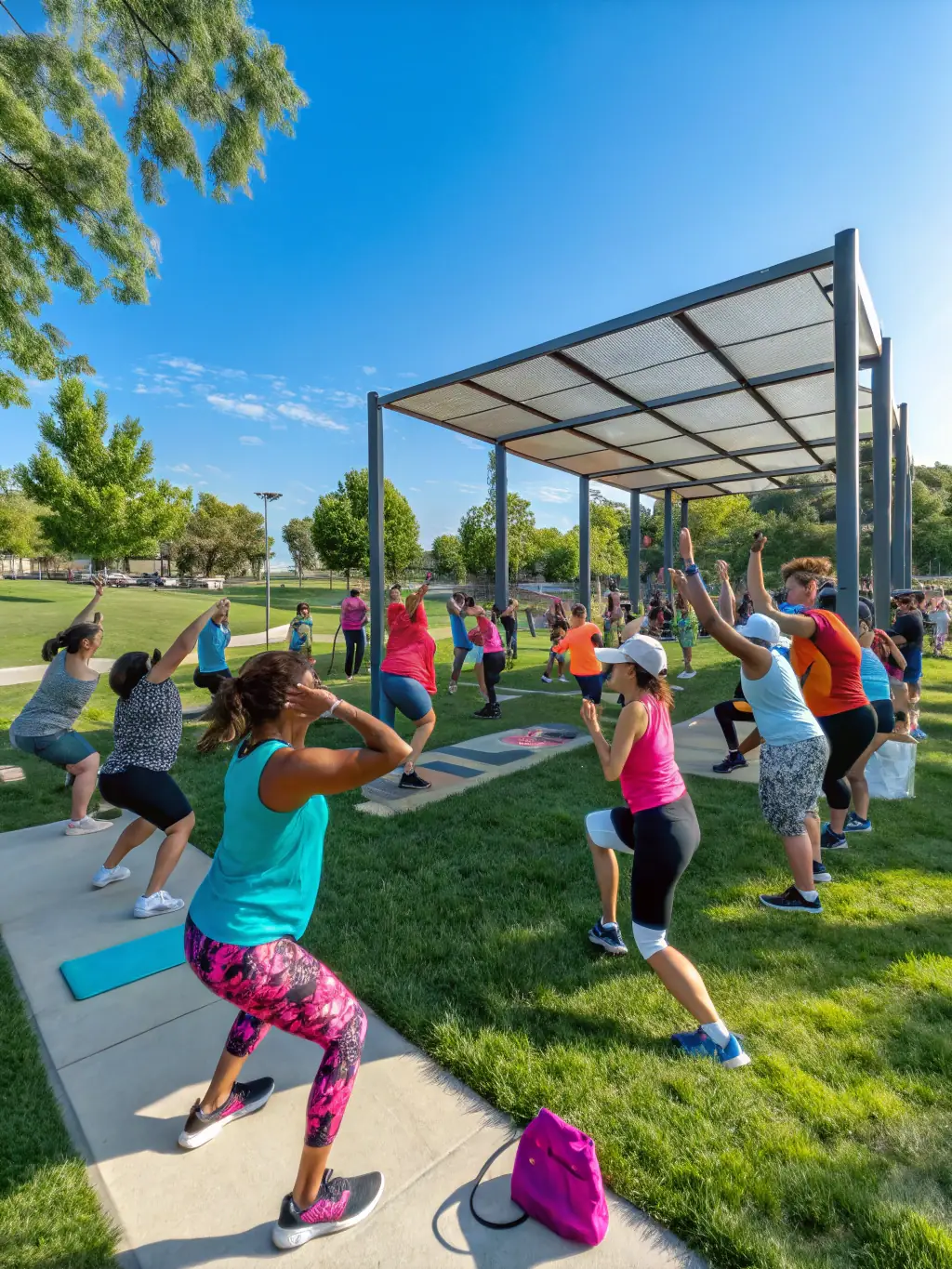 Adults participating in a fitness class outdoors, performing various exercises under the guidance of an instructor. The image should convey energy and a sense of community.