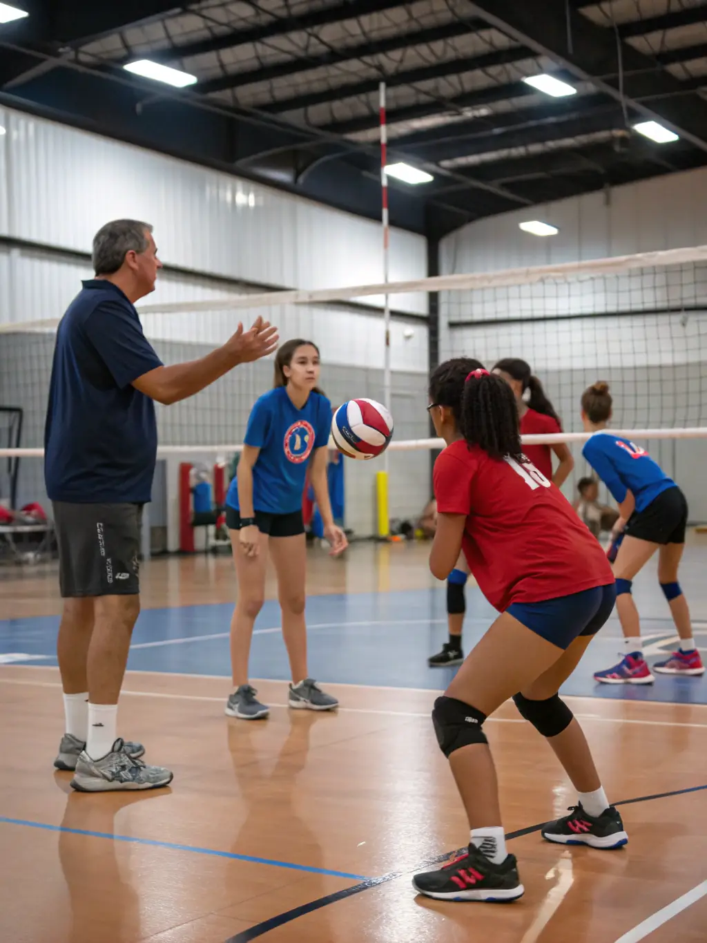 Teenagers practicing volleyball drills on an indoor court, emphasizing teamwork and coordination. The image should capture the intensity and focus of the players.