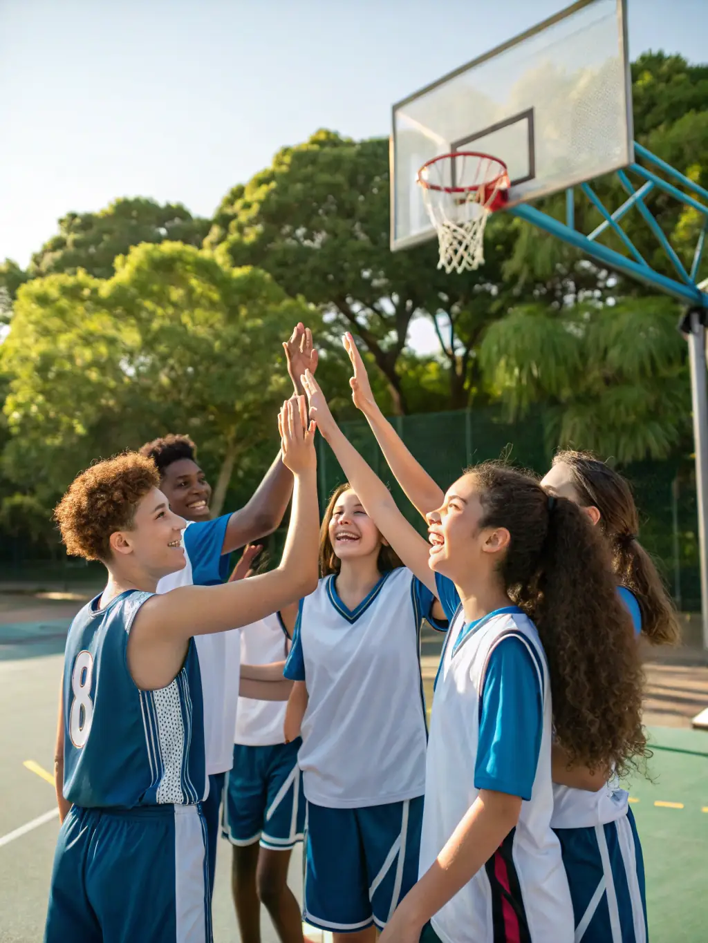 Teenagers playing basketball in a D.U.C. training session, emphasizing teamwork and strategic play under the guidance of a skilled coach.