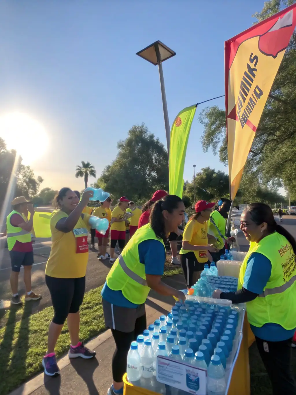 An image of volunteers setting up for a community sports day, showing the collaborative effort and enthusiasm behind organizing local sporting events.