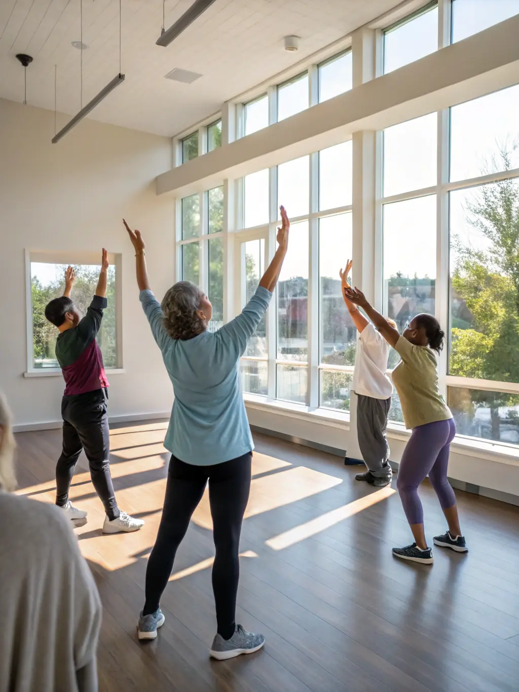 A group of seniors engaged in a gentle exercise class at D.U.C., focusing on mobility and strength, with an instructor leading the session.