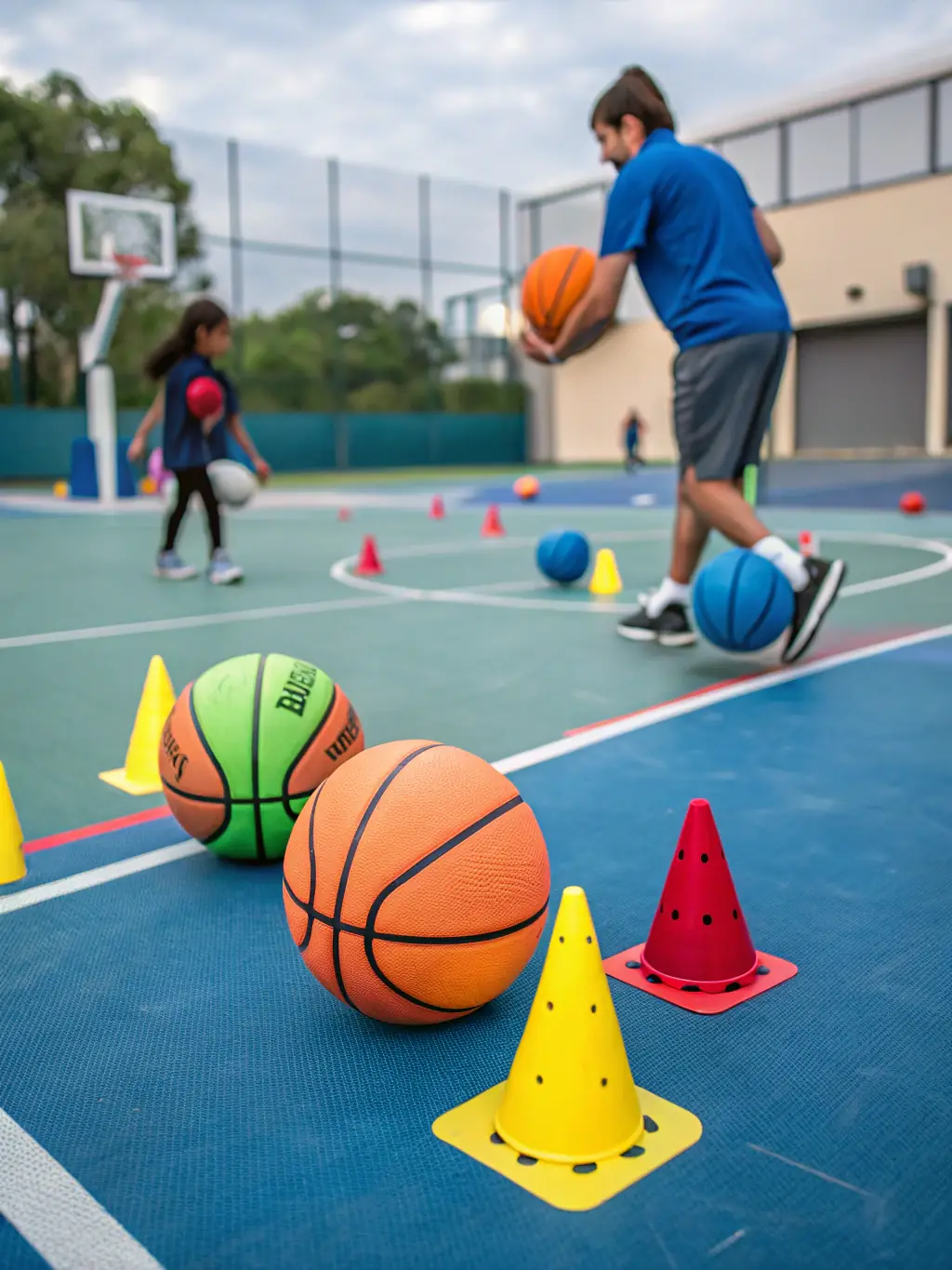 A dynamic image of a basketball clinic in progress, featuring young athletes practicing dribbling and shooting skills under the guidance of experienced coaches.